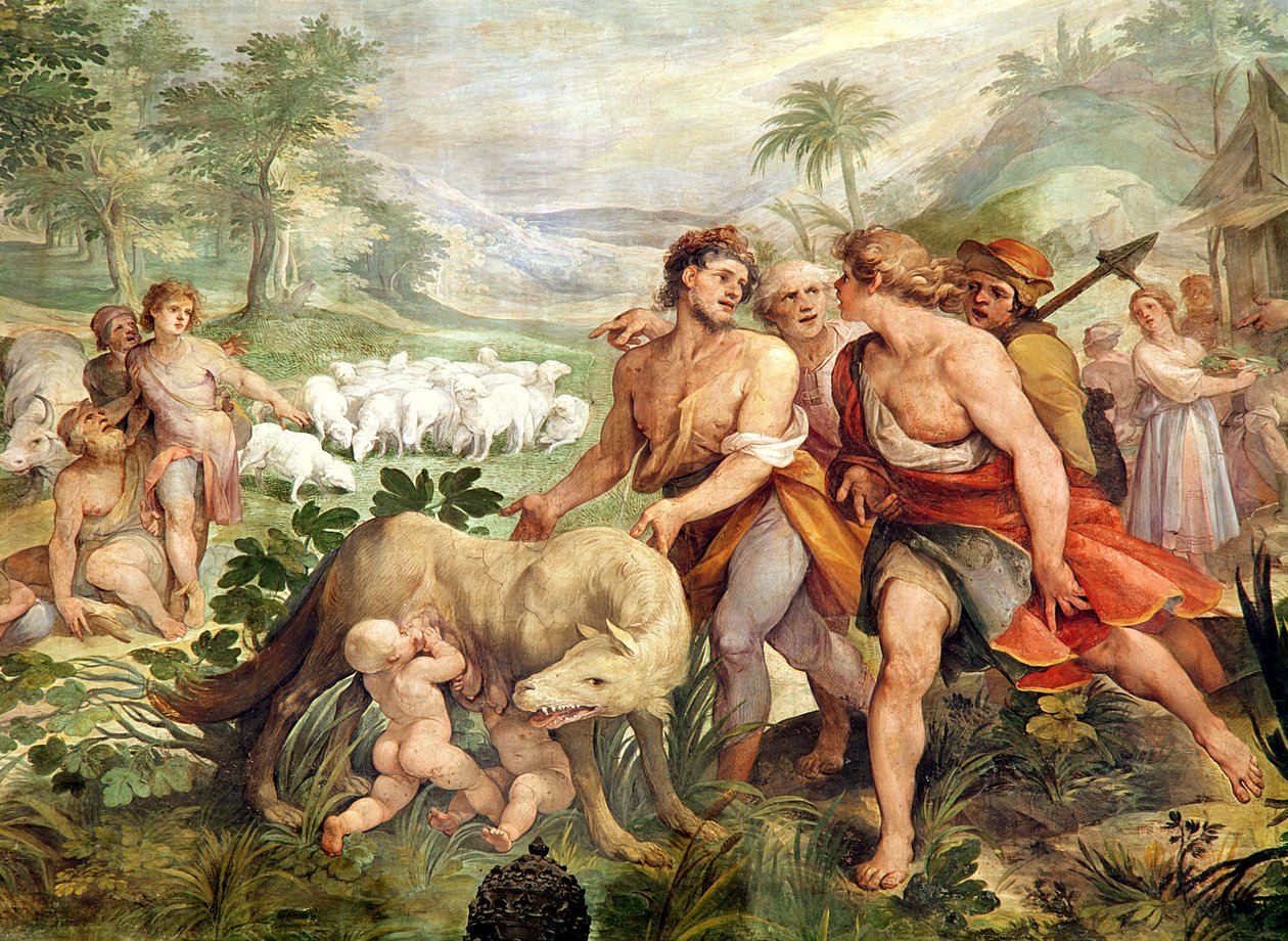 Romulus, som diedes af ulven, fra Sala dei Horatii e Curacii (fresco) af Giuseppe Cesari