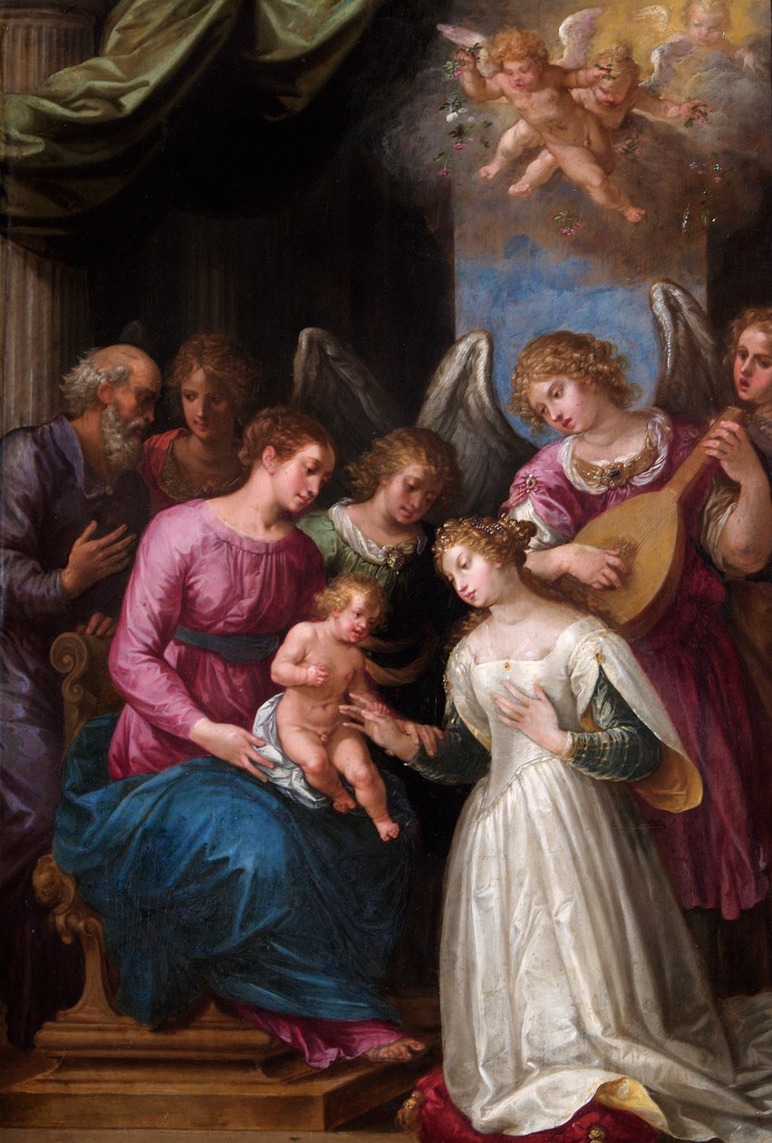 The Mystic Marriage of St. Catherine (olie på valnøddepanel) af Giuseppe (1568 1640) Cesari