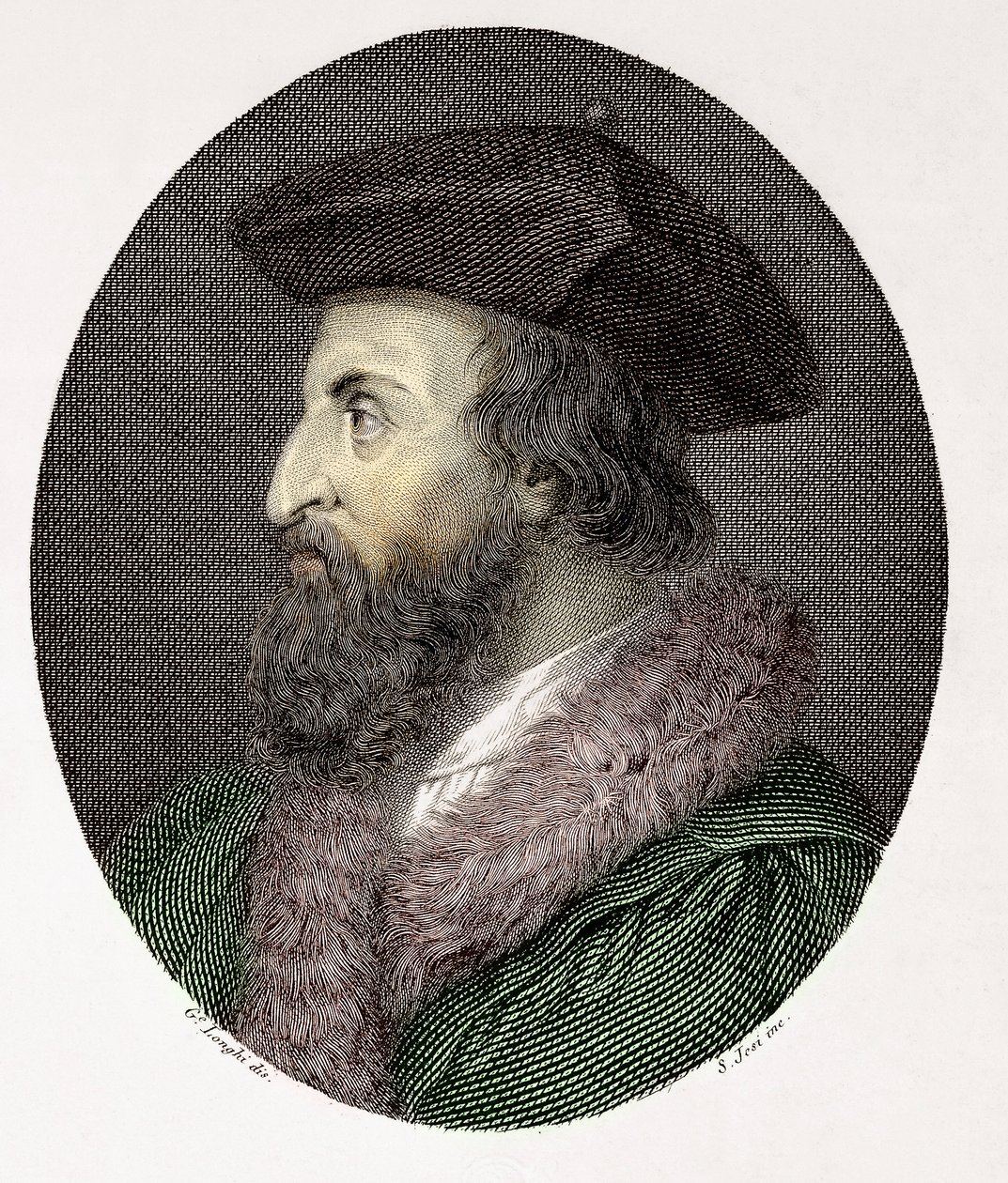 Portræt af den italienske læge, digter og humanist Girolamo Fracastoro (Hieronymus Fracastorius eller Jerome Fracastor) (1478/83-1553) Gravering Privat Samling af Giuseppe (after) Longhi