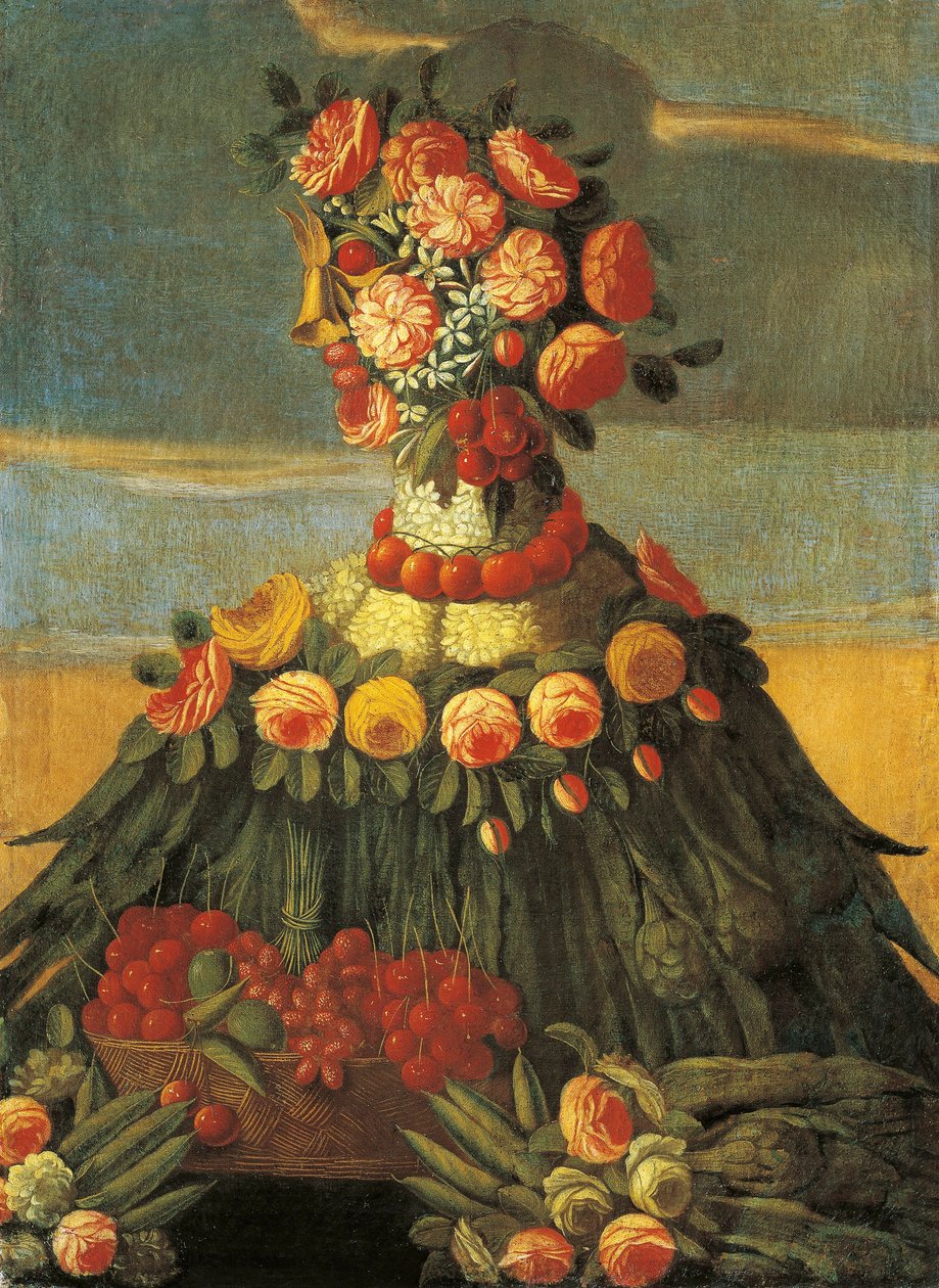 Italien, Firenze, Foråret, kurv med kirsebær med blomster af Giuseppe (follower of) Arcimboldo