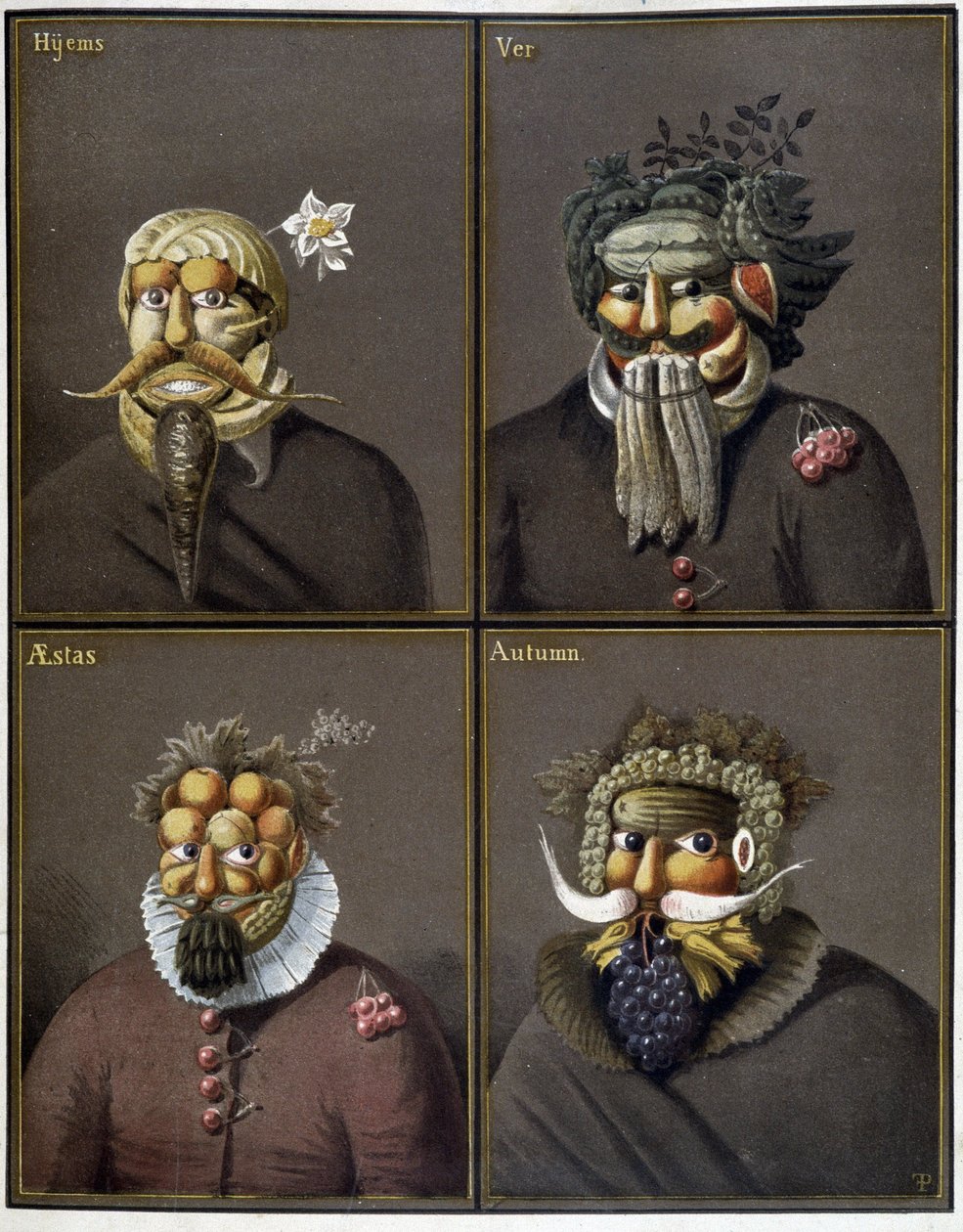 De fire årstider: mænd med grøntsagshoveder på Giuseppe Arcimboldos måde. af Giuseppe (style of) Arcimboldo