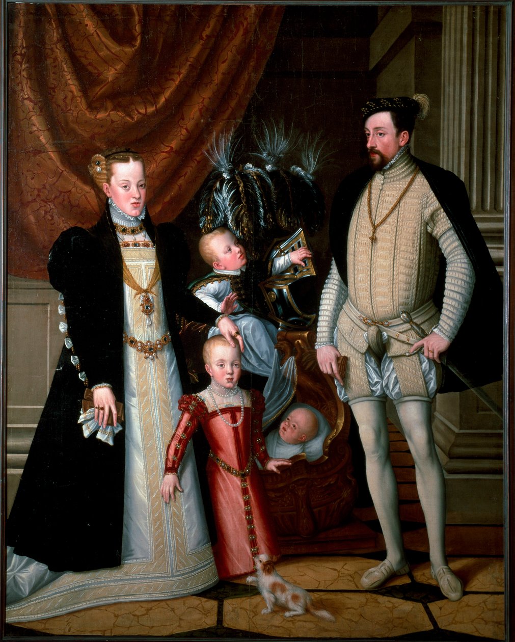 Kejser Maximilian II (1527-1576) med sin familie: Maria af Spanien (1528-1603) og deres børn Anne (1549-1580), Rodolph (1552-1612) og Ernest (1553-1591) Maleri af Giuseppe Arcimboldi (eller Arcimboldo) (1527-1593) 1553 Søn. 188x240 cm Ambras Slot, In af Giuseppe Arcimboldo
