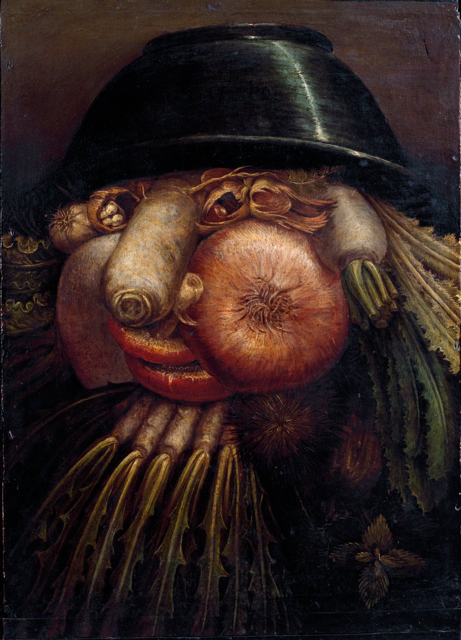 Portræt med grøntsager (The Maraicher). Blandt de repræsenterede grøntsager og frugter: nødder, radise, champignon, hvidløg, kastanje, løg, salat, hasselnød og majroe. Maleri af Giuseppe Arcimboldi (Arcimboldo) (1527-1593) Cremona, Pinacoteca Comunale af Giuseppe Arcimboldo