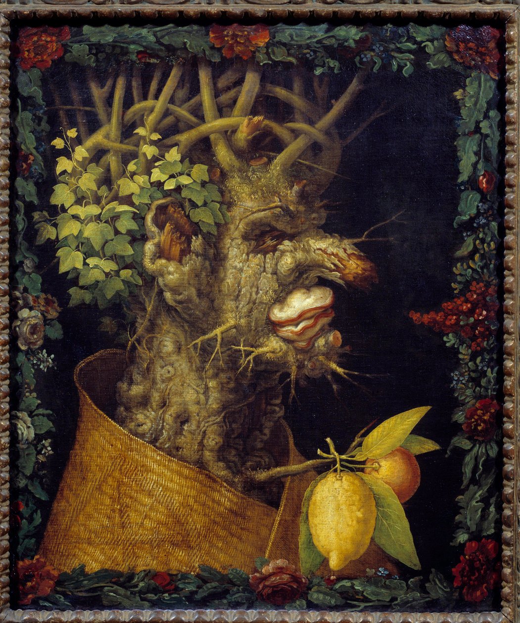 Vinter allegori om årstiderne. Maleri af Giuseppe Arcimboldo (1527-1593) 1500-tallet søn. 0,76x0,63 m - Vinter (fra en serie, der skildrer de fire årstider) - Maleri af Giuseppe Arcimboldo (1527-1593), olie på lærred (76x63 cm) af Giuseppe Arcimboldo