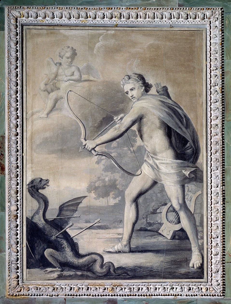 Apollon dræber slangen Python (monokrom tegning af Giuseppe Bacigalupo