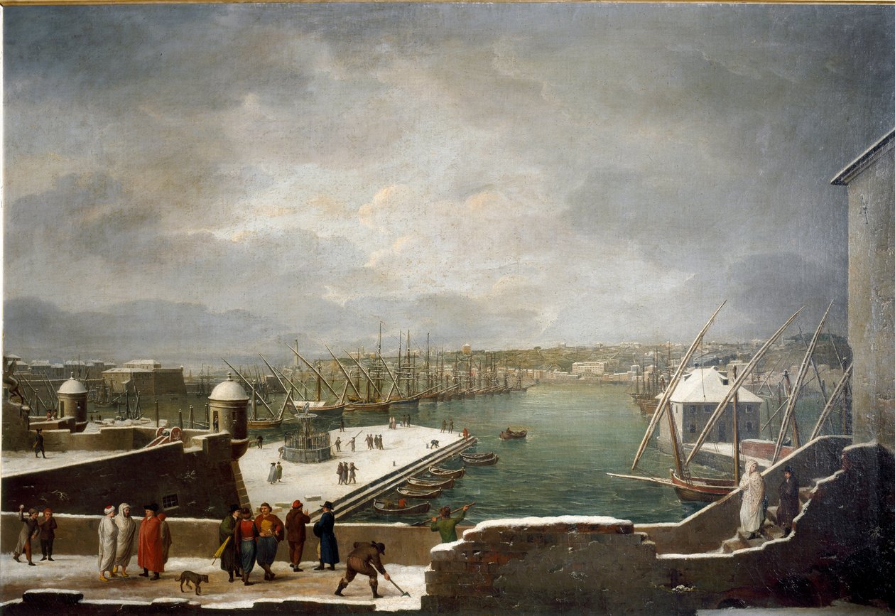 Udsigt over havnen i Genova dækket med sne (olie på lærred af Giuseppe Bacigalupo