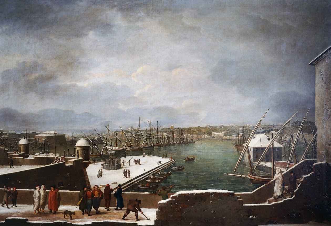 Udsigt over havnen i Genova i sneen af Giuseppe Bacigalupo