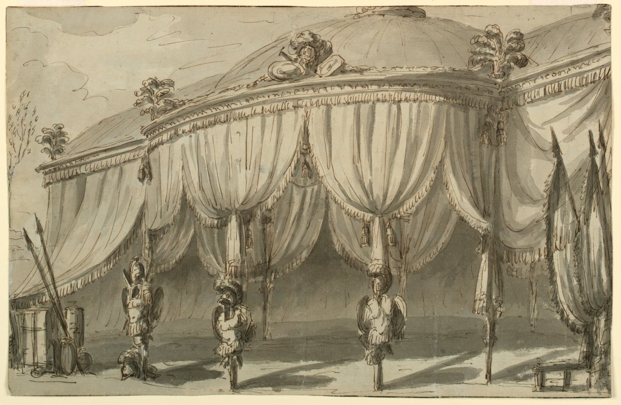 Scenedesign, en pavillon med krigstrofæer af Giuseppe Barberi