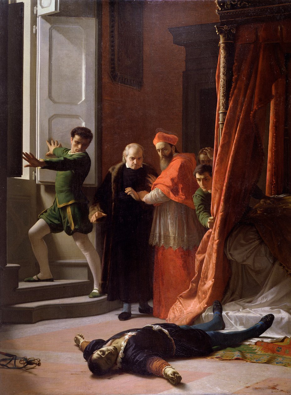 Hertugen af Firenzes død Alessandro de Medici dræbt af Lorenzino de Medici (olie på lærred af Giuseppe Bellucci