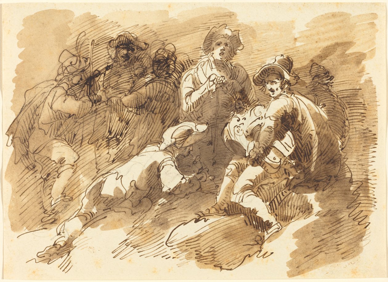 Et hyggeligt samvær med en mand, der spiller en Hurdy-Gurdy af Giuseppe Bernardino Bison