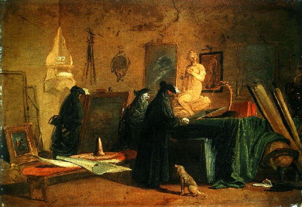 Kendere i karnevalskostume i et interiør med billeder og genstande af kunst og videnskab (olie på papir lagt på lærred) af Giuseppe Bernardino Bison