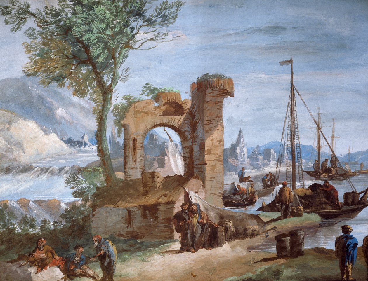 Imaginær udsigt: Havn med ruiner og vandfald, af Giuseppe Bernardino Bison (1762-1844) af Giuseppe Bernardino Bison