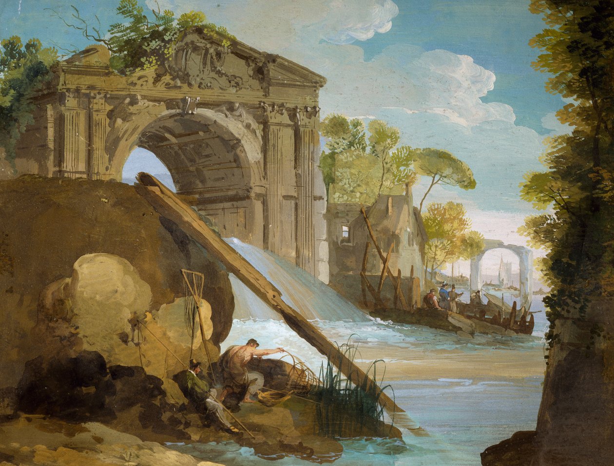 Imaginær udsigt: Flod med fiskere og ruiner, af Giuseppe Bernardino Bison (1762-1844) af Giuseppe Bernardino Bison