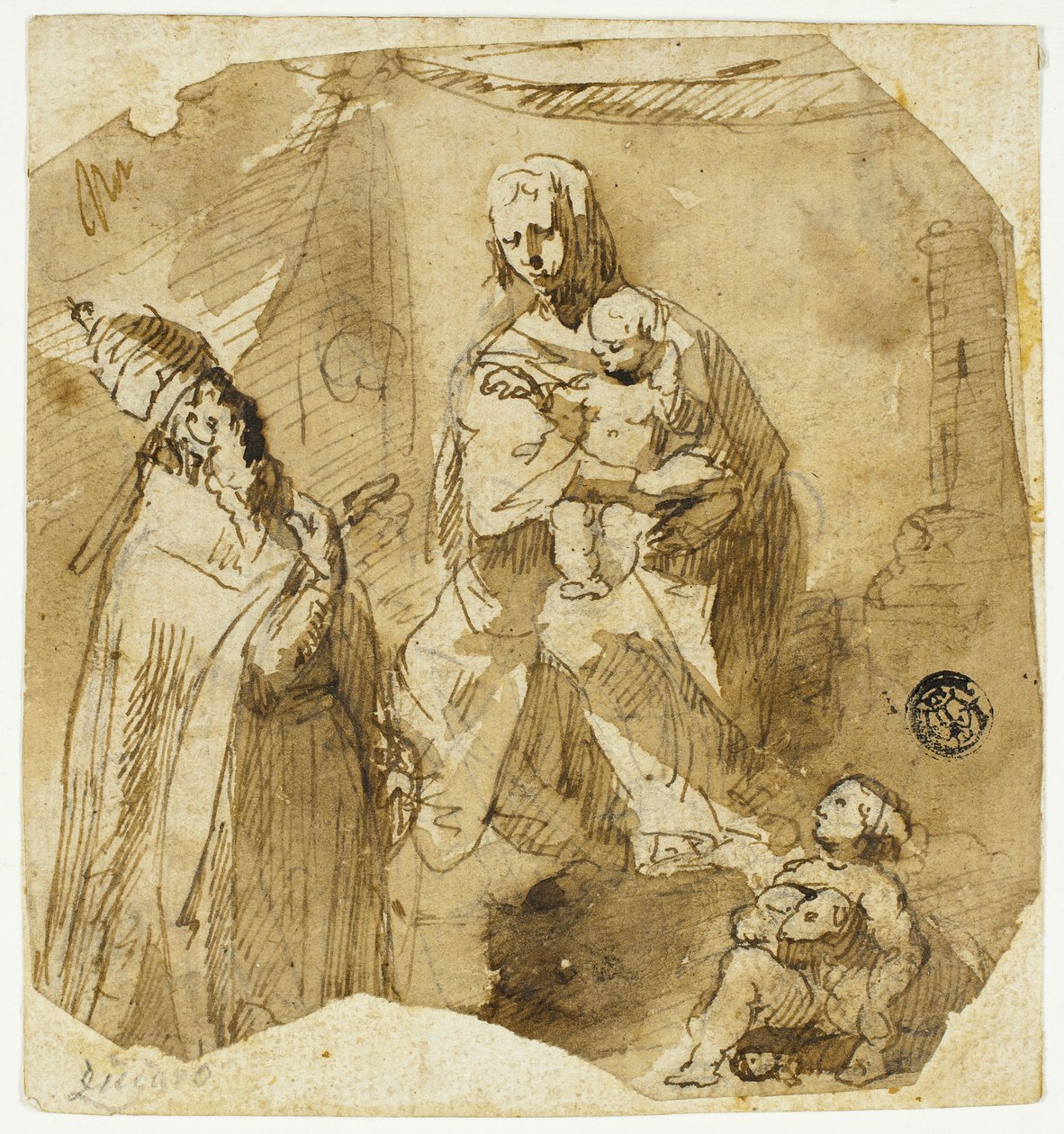 Madonna og barn med Johannes Døberen og en kirkelig helgen af Giuseppe Bernardino Bison