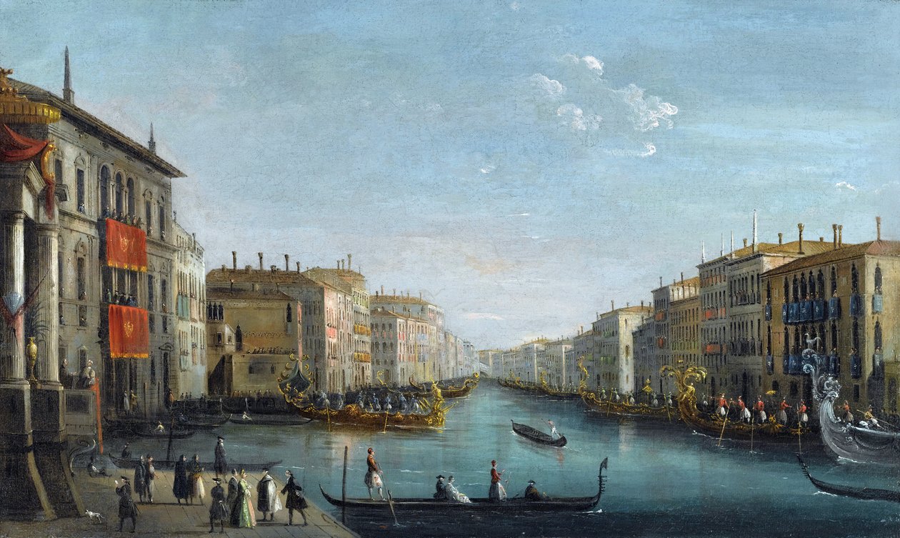 Udsigt over Canal Grande fra Palazzo Balbi ser mod Rialtobroen med en Regatta af Bison, Giuseppe Bernardino (1762-1844). Olie på lærred, størrelse: 48,9x81,9, af Giuseppe Bernardino Bison