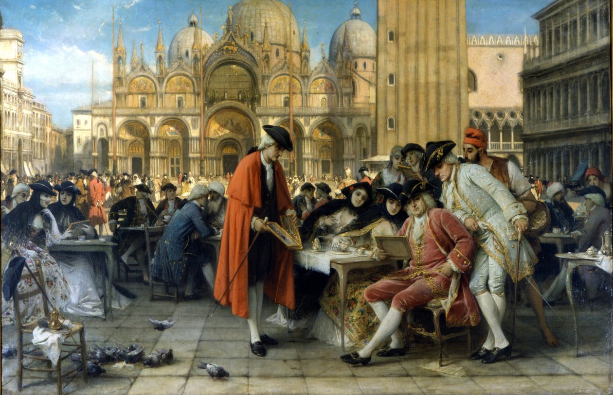 Maleren Francesco Guardi sælger sine malerier foran Florian-caféen. 1892. Maleri af Giuseppe Bertini. Galleria d