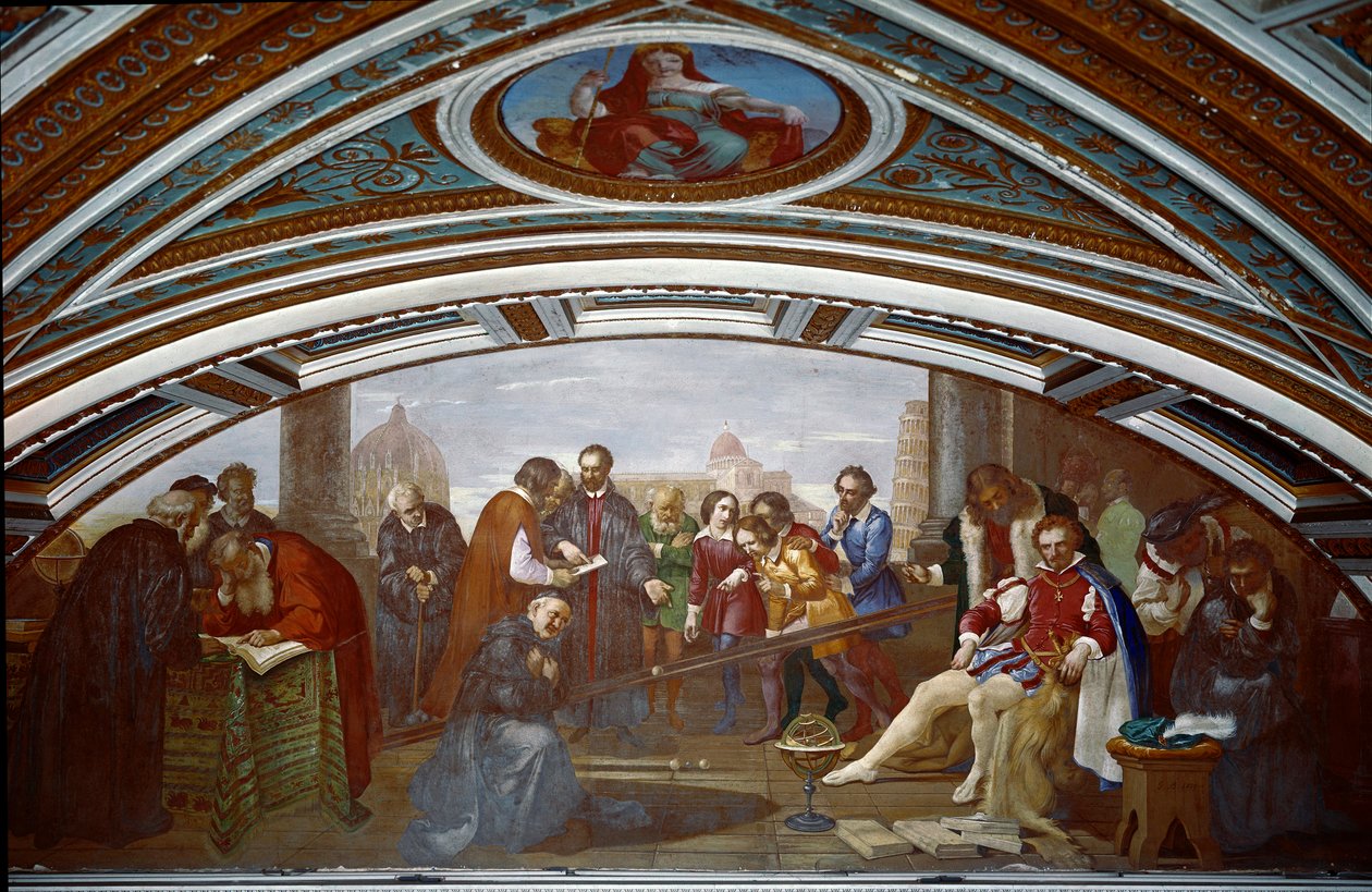 Galileo Galilei dit Galilee (1564-1642) demonstrerer loven om fald og gravitation. Galilæa demonstrerer oplevelsen med en skråplan under et offentligt foredrag i Pisa. Maleri af Giuseppe Bezzuoli (1784-1855) af Giuseppe Bezzuoli