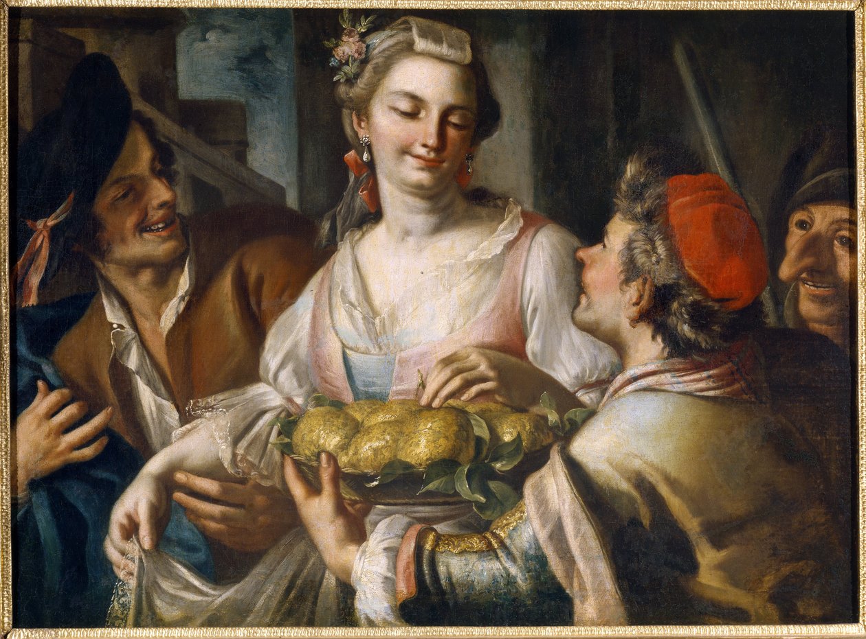 Karneval (Karneval). Populær festscene i Venedig, en ung mand tilbyder et frugtfad til en ung kvinde, der griber et æble, omgivet af karakterer, hvoraf den ene har en grotesk maske fra commedia dell