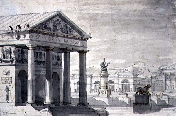 Neoklassisk scenografi, ca. 1825 (pen og blæk og sepiavask på papir) af Giuseppe Borsato