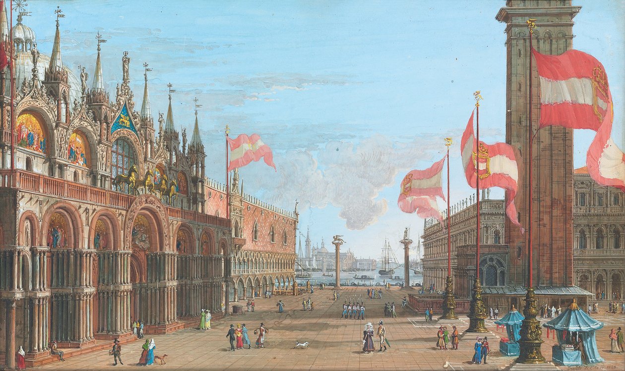Udsigt over Markuspladsen, Venedig, med Palazzo Ducale og Campanile, 1828 af Giuseppe Borsato