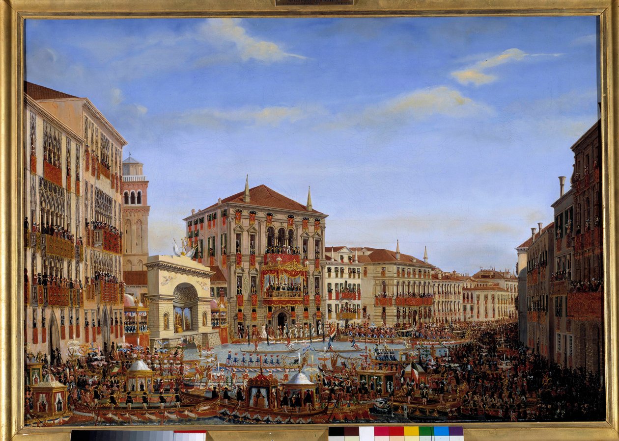 Besøg af Napoleon I i Venedig fra 28. november til 8. december 1807: Kejseren, der leder regattaerne på Canal Grande fra balkonen på Baldi-paladset, ankommer fra kapløbet, 2. december 1807 Maleri af Giuseppe Borsato (1771-1849). 1807 søn. 0,65 x af Giuseppe Borsato
