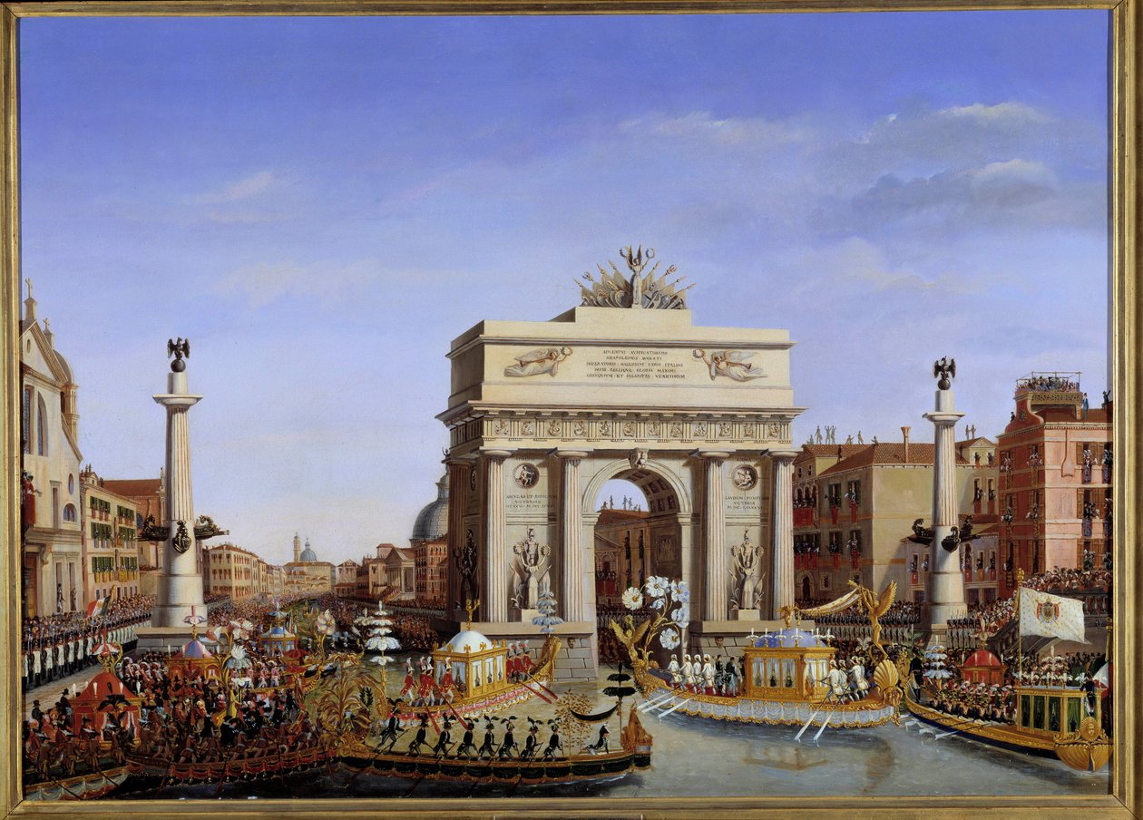 Besøg af Napoleon I i Venedig fra 28. november til 8. december 1807: kejserens indgang i gondol på Canal Grande Procession af gondoler. Maleri af Giuseppe Borsato (1771-1849) 1800-tallet søn. 0,65x0,90 m. - Napoleons besøg i Venedig fra 28. nr af Giuseppe Borsato