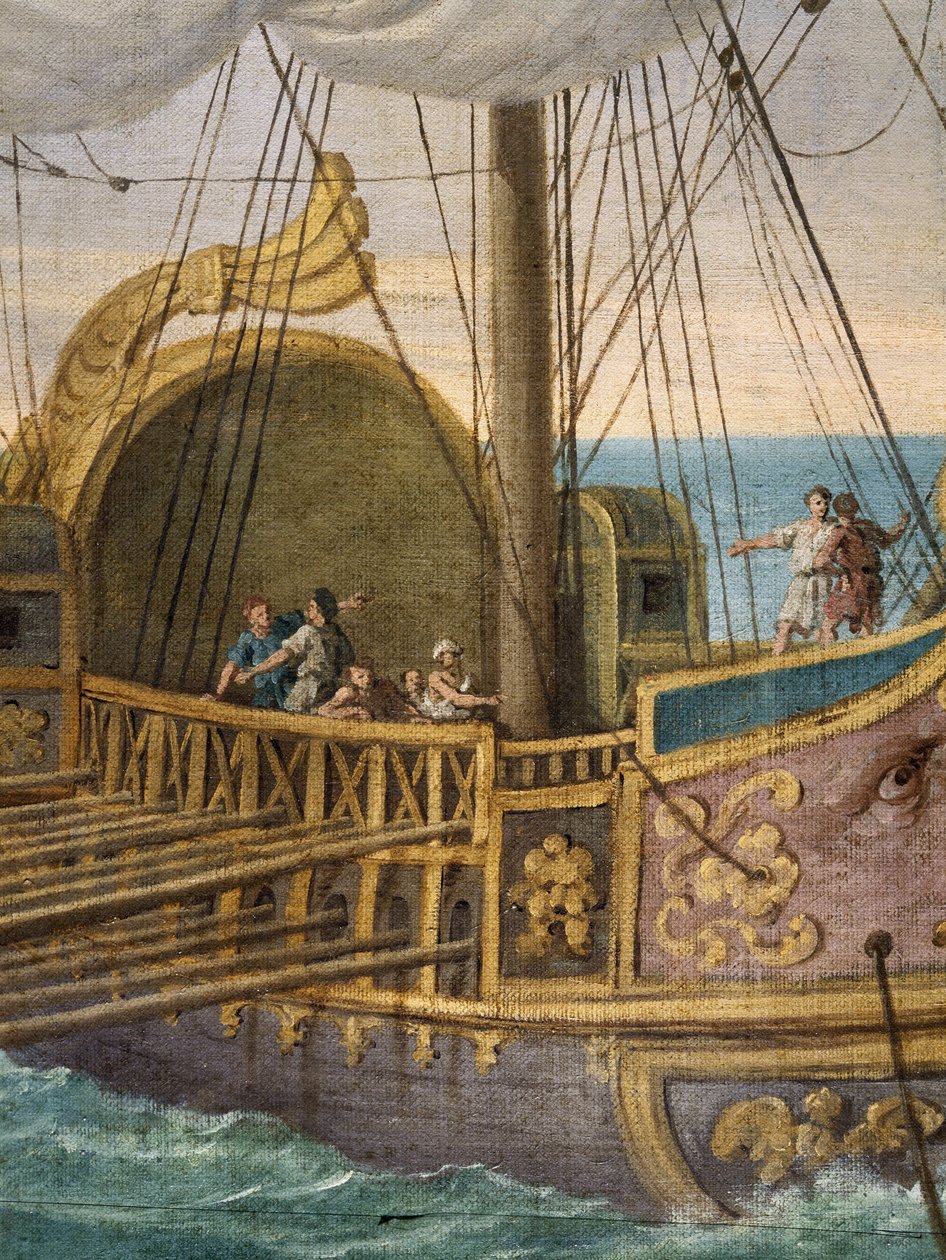 Sankt Paula (Santa Paola Romana, 347-406) på vej til Det Hellige Land, detalje af båden. Som enke i en alder af 33 år fulgte hun Sankt Hieronymus og tog sammen med sin datter Sainte Eustochium på pilgrimsrejse med ham i 385 til de hellige steder. Maleri af af Giuseppe Bottani