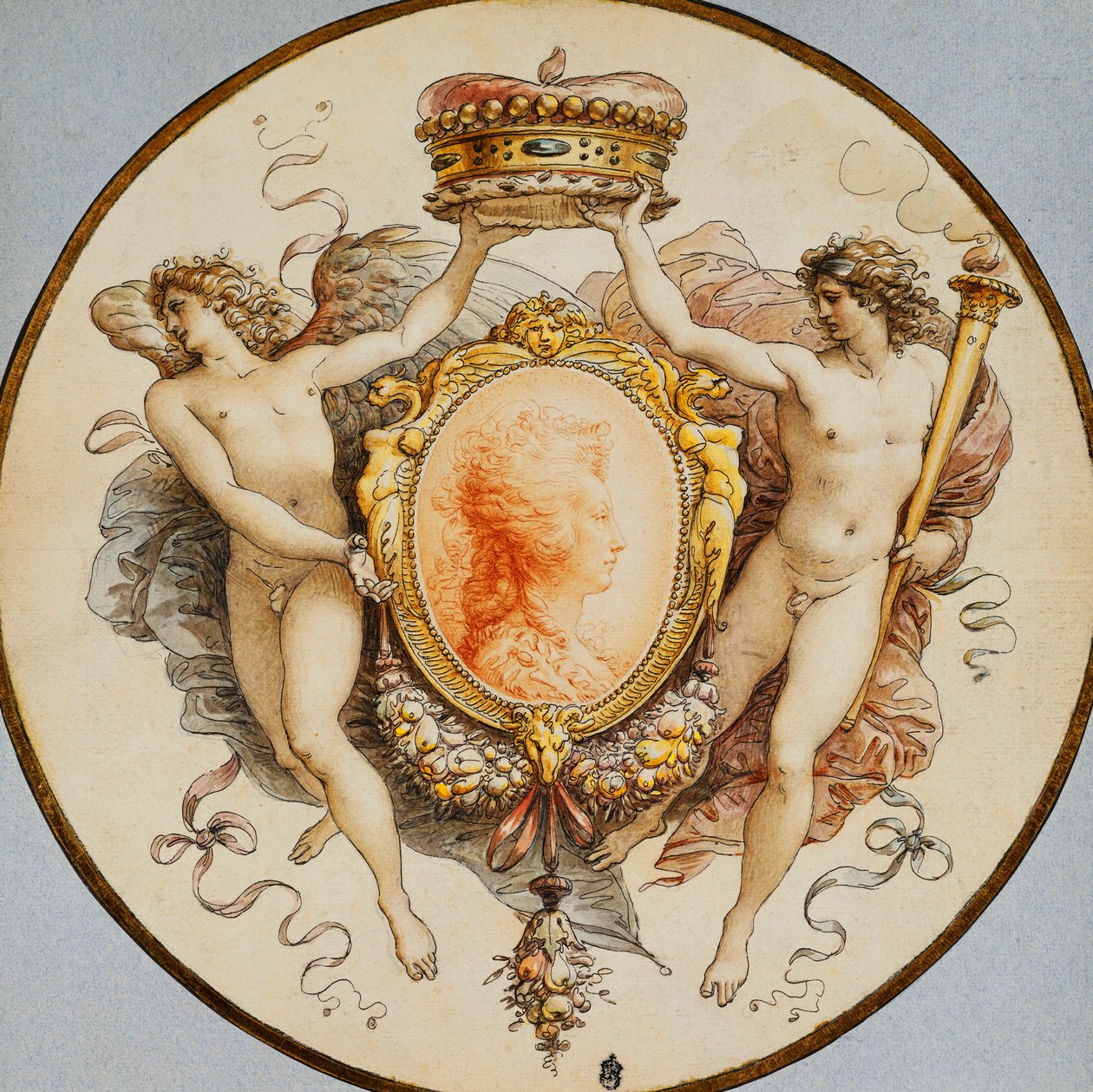 Et ovalt portræt af en kvinde i profil med en dekorativ kant af grotesker og swags, med flankerende allegoriske figurer af berømmelse og sejr, der holder en krone, af Giuseppe Cades