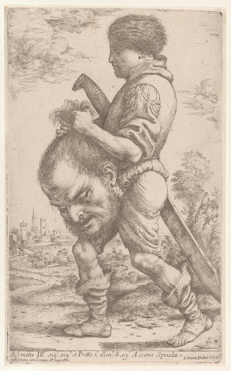 David bærer Goliats hoved, som han holder i håret, 1620-30. af Giuseppe Caletti