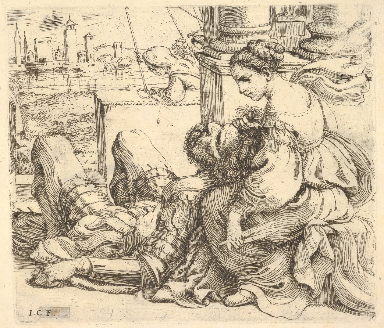 Delila holder Samsons hår og en saks, 1620-30. af Giuseppe Caletti