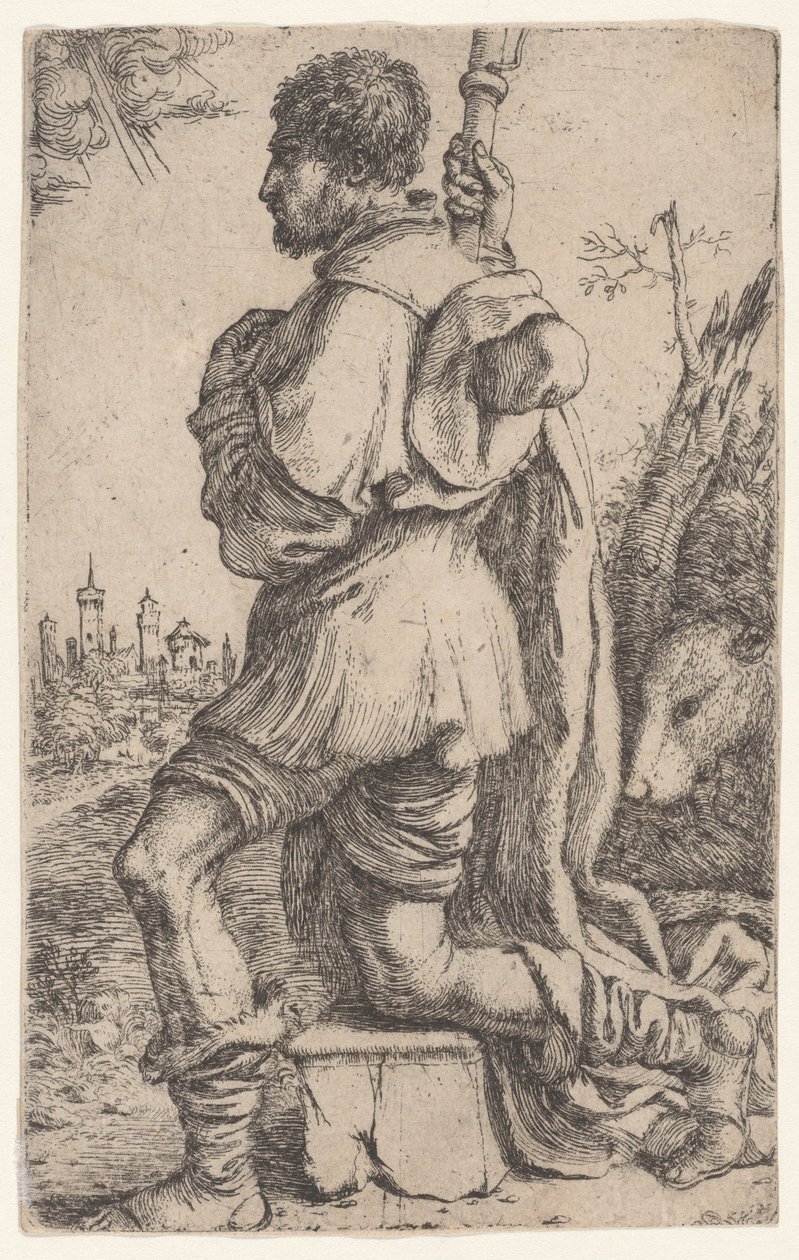 Sankt Roch, knælende på en sten, set fra siden med sin hund bag sig..., 1620-30. af Giuseppe Caletti