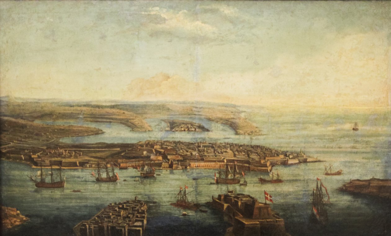 Udsigt over Grand Harbour, Marsamxett og Valletta af Giuseppe Caloriti
