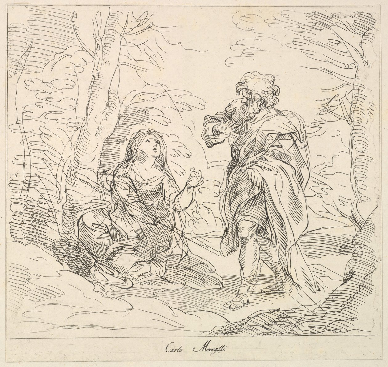 Siddende kvinde og skægget mand i et landskab, 1740-1802. af Giuseppe Canale