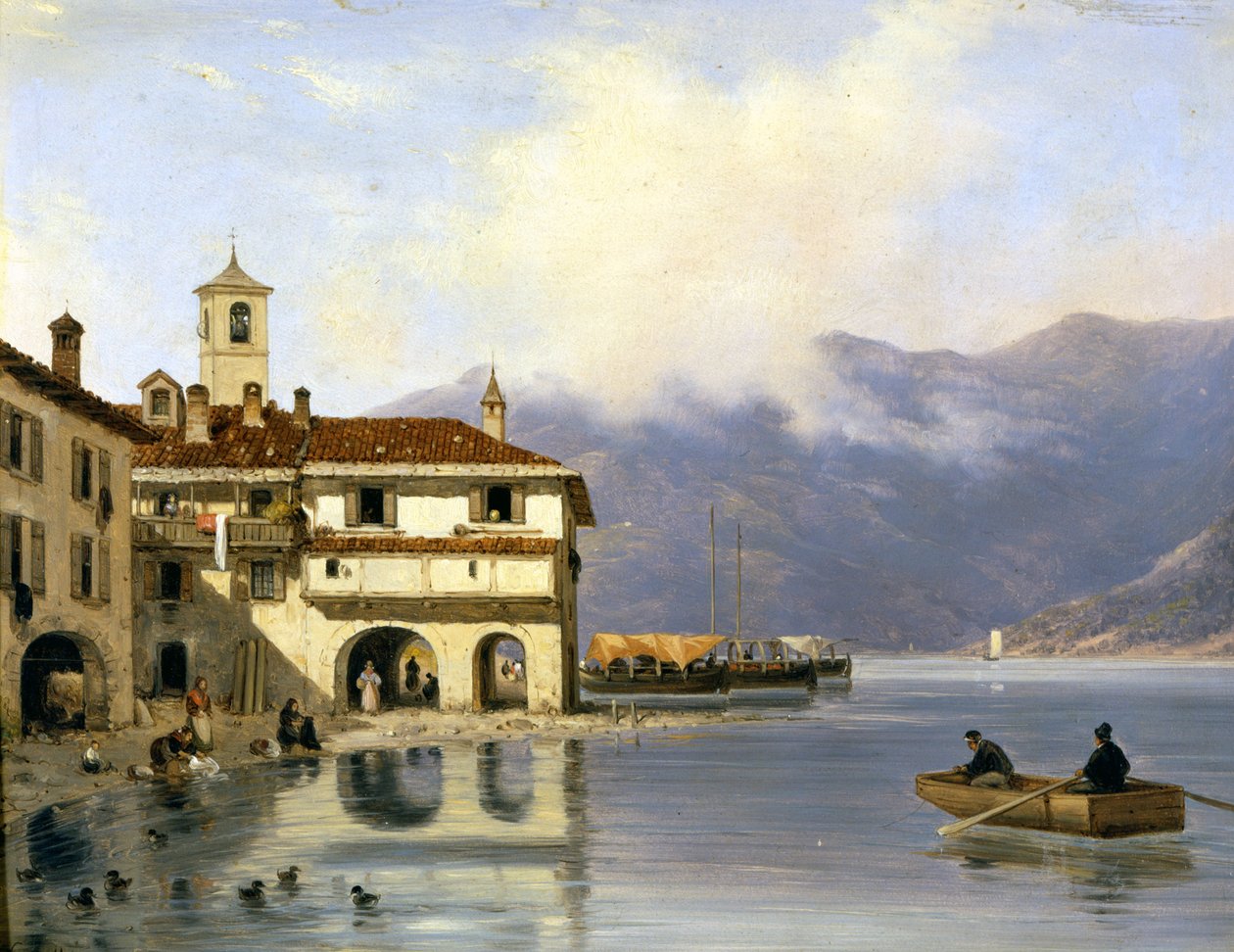 Como. Kyst og havn i Menaggio (1850). Maleri af Canella. Menaggio (Como),. af Giuseppe Canella