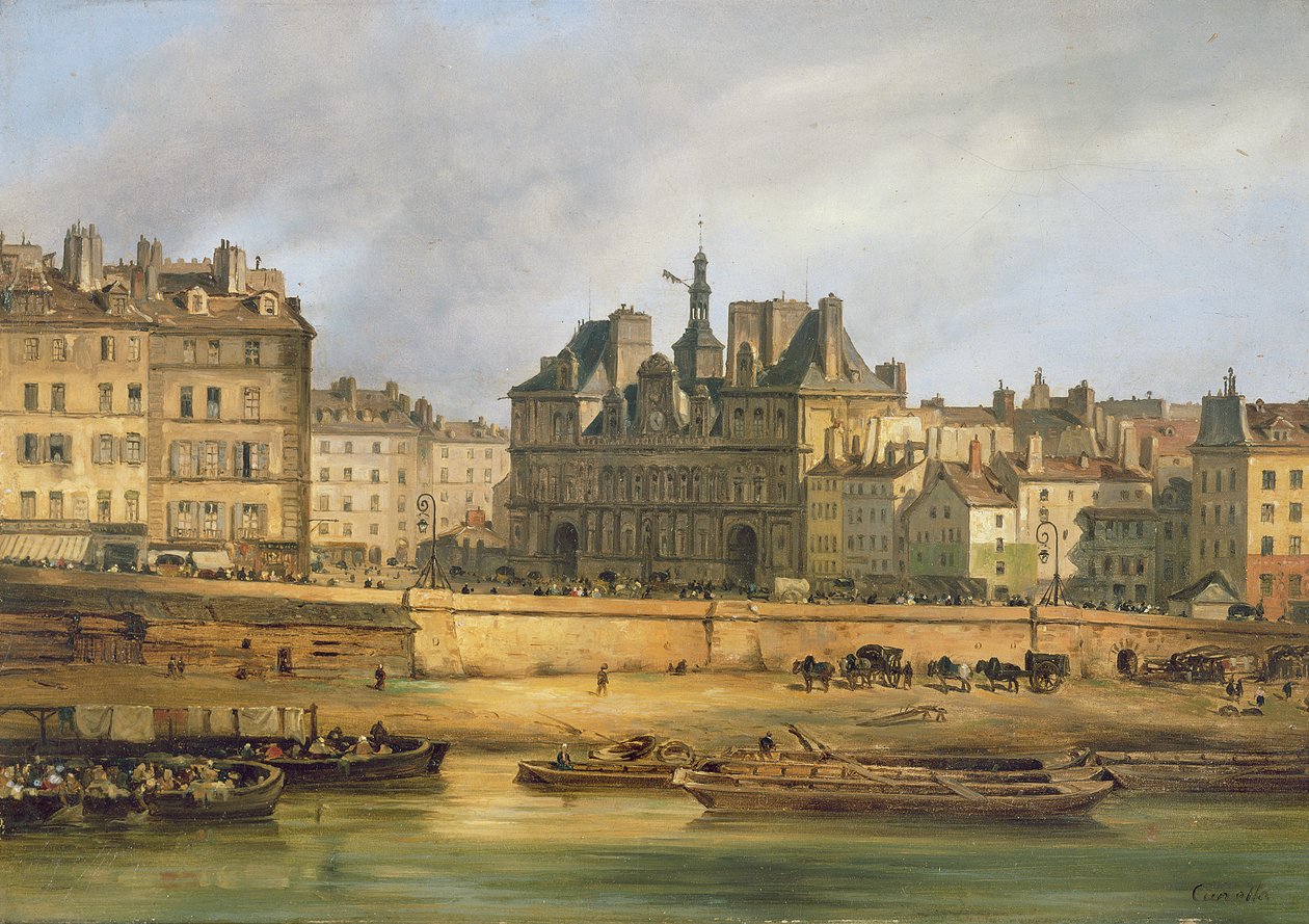 Hotel de Ville og dæmningen, Paris, 1828 af Giuseppe Canella