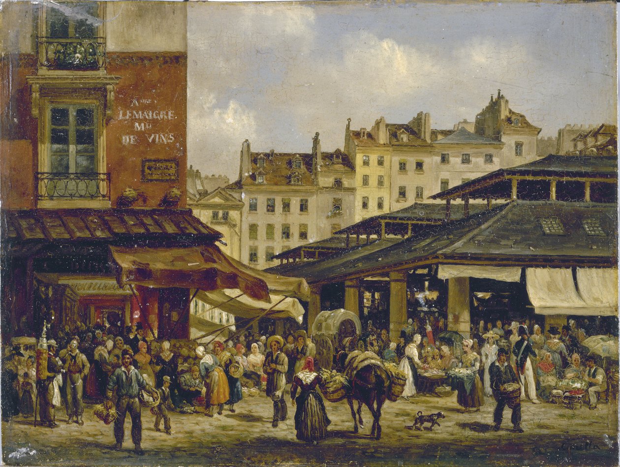 Les Halles og Rue de la Tonnellerie, ca. 1828 (olie på lærred) af Giuseppe Canella