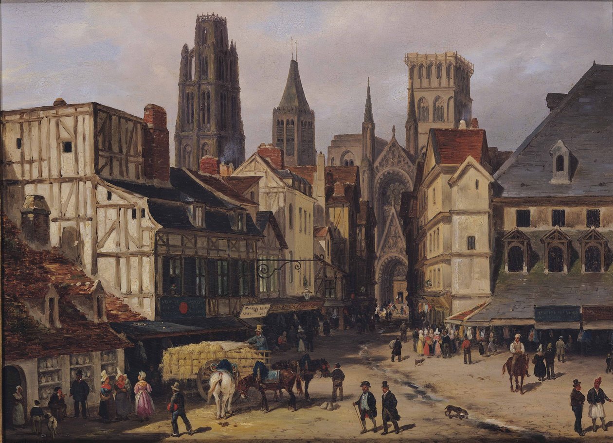 Place de la Haute-Vieille-Tour, Rouen, 1824 (olie på pap) af Giuseppe Canella
