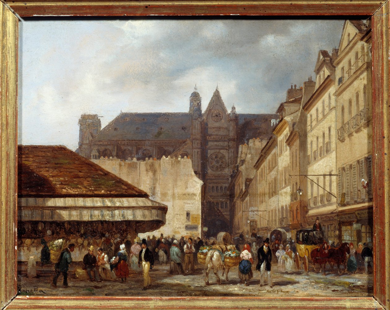 Rue des Prouvaires og kirken Saint Eustache (Quartier des Halles) i Paris. Maleri af Giuseppe Canella (1788-1847) Ec.ital. af Giuseppe Canella