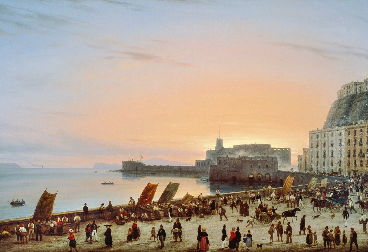 Solnedgang på napolitansk havnefront, ca 1838, af Giuseppe Canella (1788-1847), olie på lærred, 90x135 cm af Giuseppe Canella