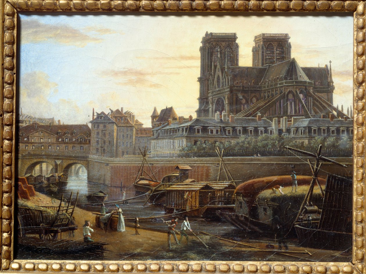 Saint Charles-broen, hotel dieu, archeveche og Notre Dame set fra Quai de la Tournelle i Paris. Maleri af Giuseppe Canella (1788-1847) EC.ITAL. af Giuseppe Canella