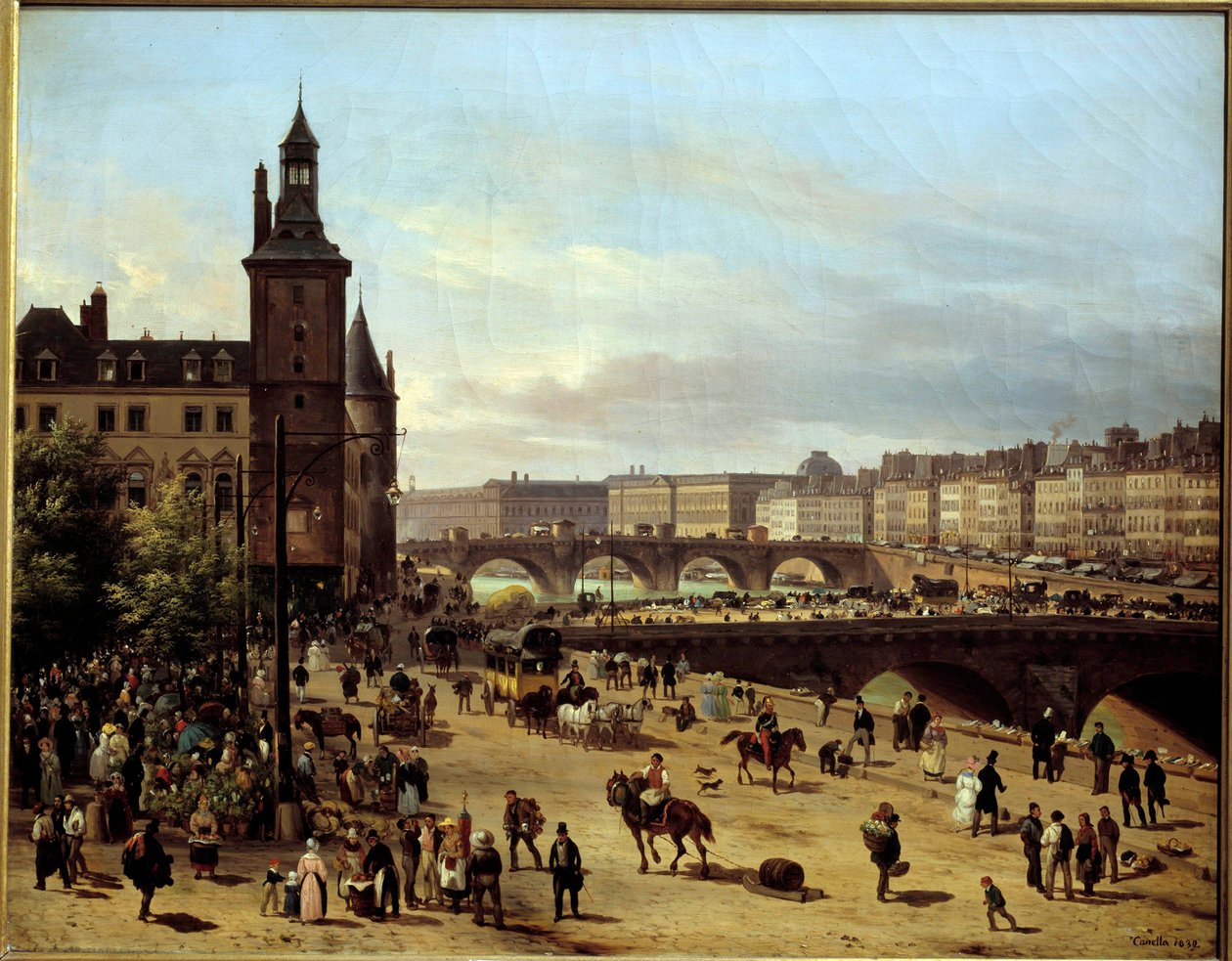 Udsigt over Blomstervandringen, Klokketårnet, Pont au Change og Pont-Neuf i Paris Maleri af Giuseppe Canella l