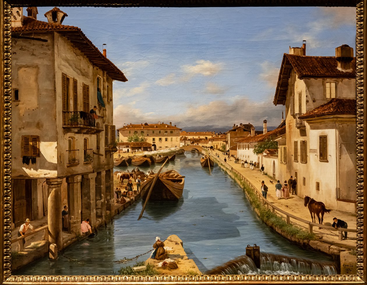 Udsigt over Naviglio-kanalen fra St. Marks bro, ca. 1850 (olie på lærred) af Giuseppe Canella