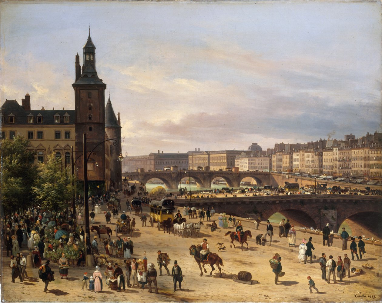 Blomstermarkedet, klokketårnet, Pont au Change og Pont-Neuf, 1832. af Giuseppe Canella the Elder