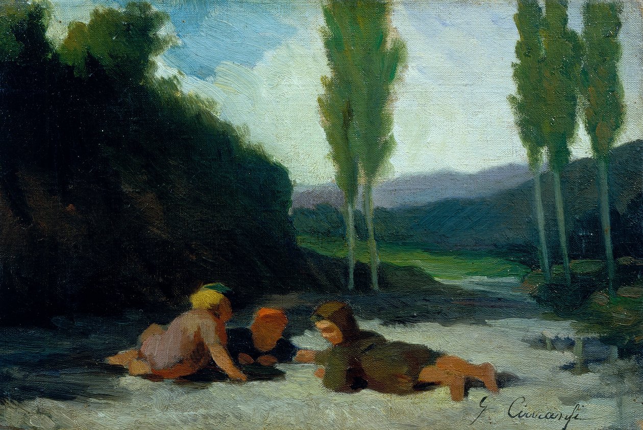 Børn leger på en flodbred (olie på lærred) af Giuseppe Ciaranfi