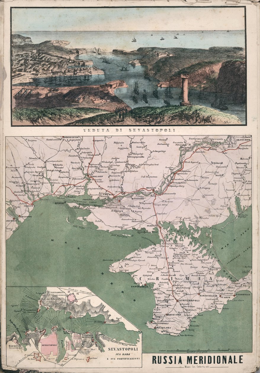 Kort over det sydlige Rusland med udsigt over Sevastopol-bugten og dens befæstninger, 1853. af Giuseppe Civelli