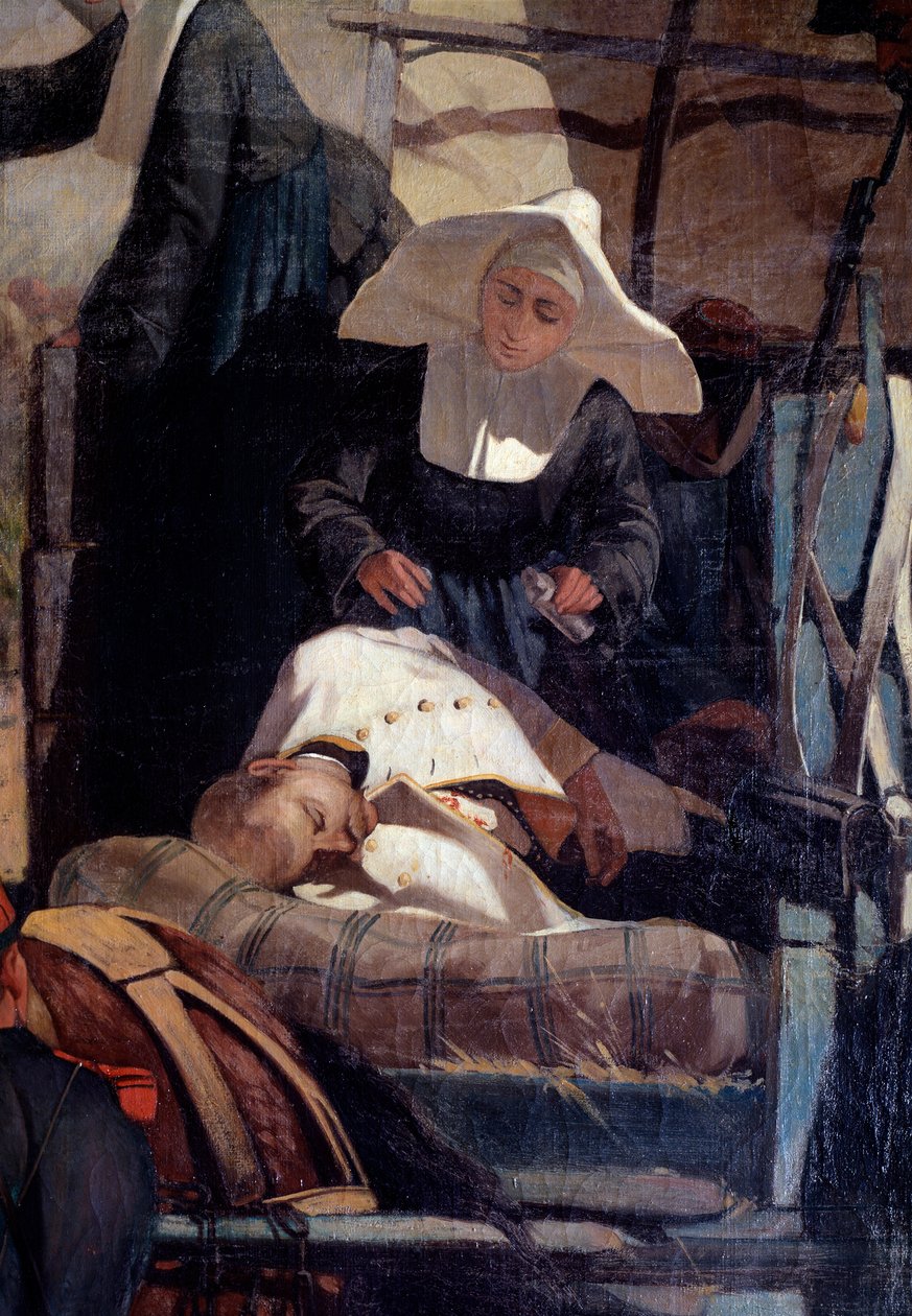 Italiensk militærlejr under slaget ved Magenta Slaget ved Magenta den 4. juni 1859 under det italienske felttog, der førte til en fransk-sardinsk sejr ledet af Napoleon III mod østrigerne - Detalje der forestiller en hjælpesygeplejerske en såret bærer på e af Giuseppe Fattori