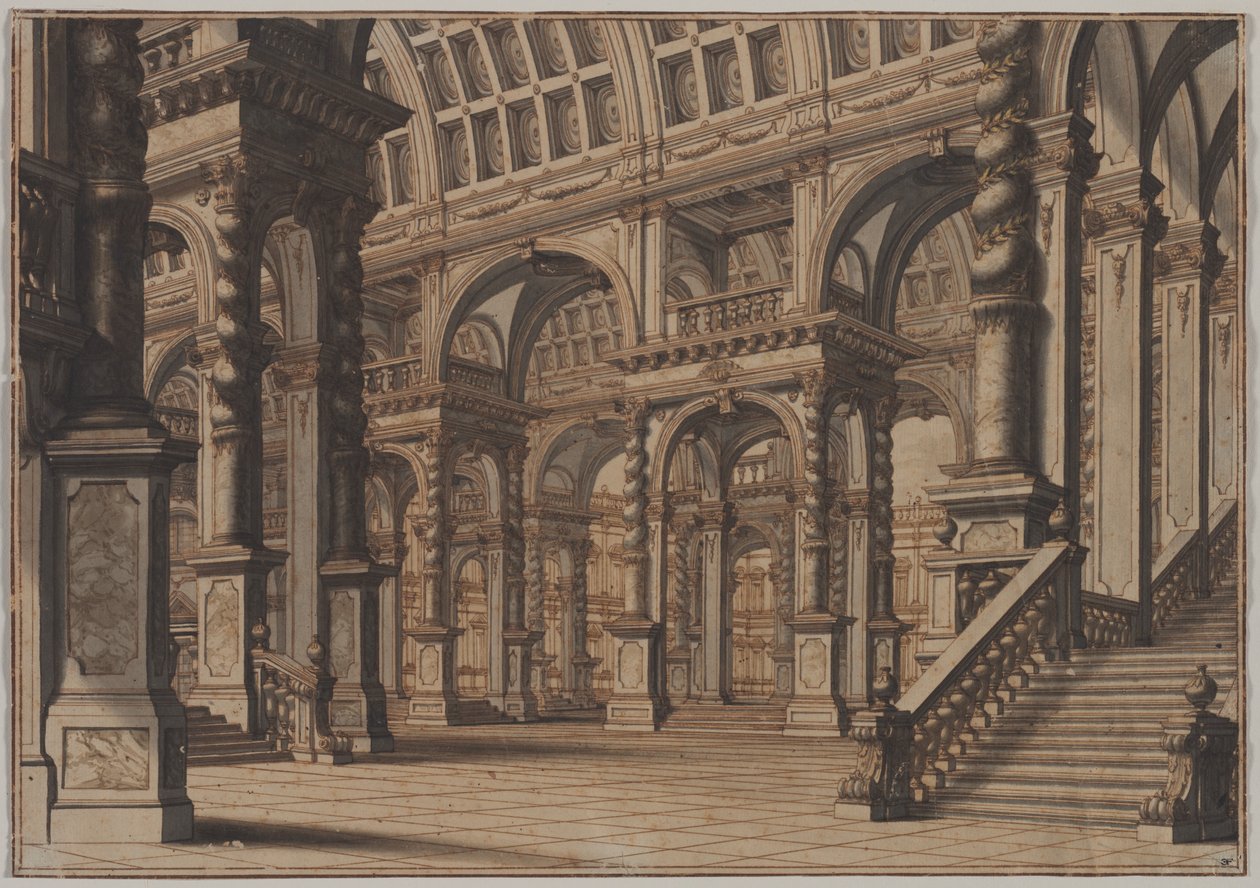 Monumental hvælvet hall med trappe af Giuseppe Galli Bibiena