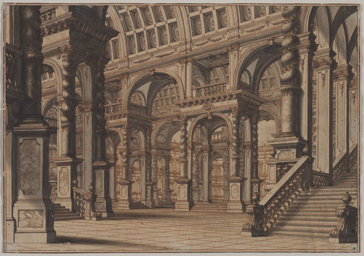 Monumental hvælvet hal med trappe, andet kvartal 1700-tallet. af Giuseppe Galli Bibiena