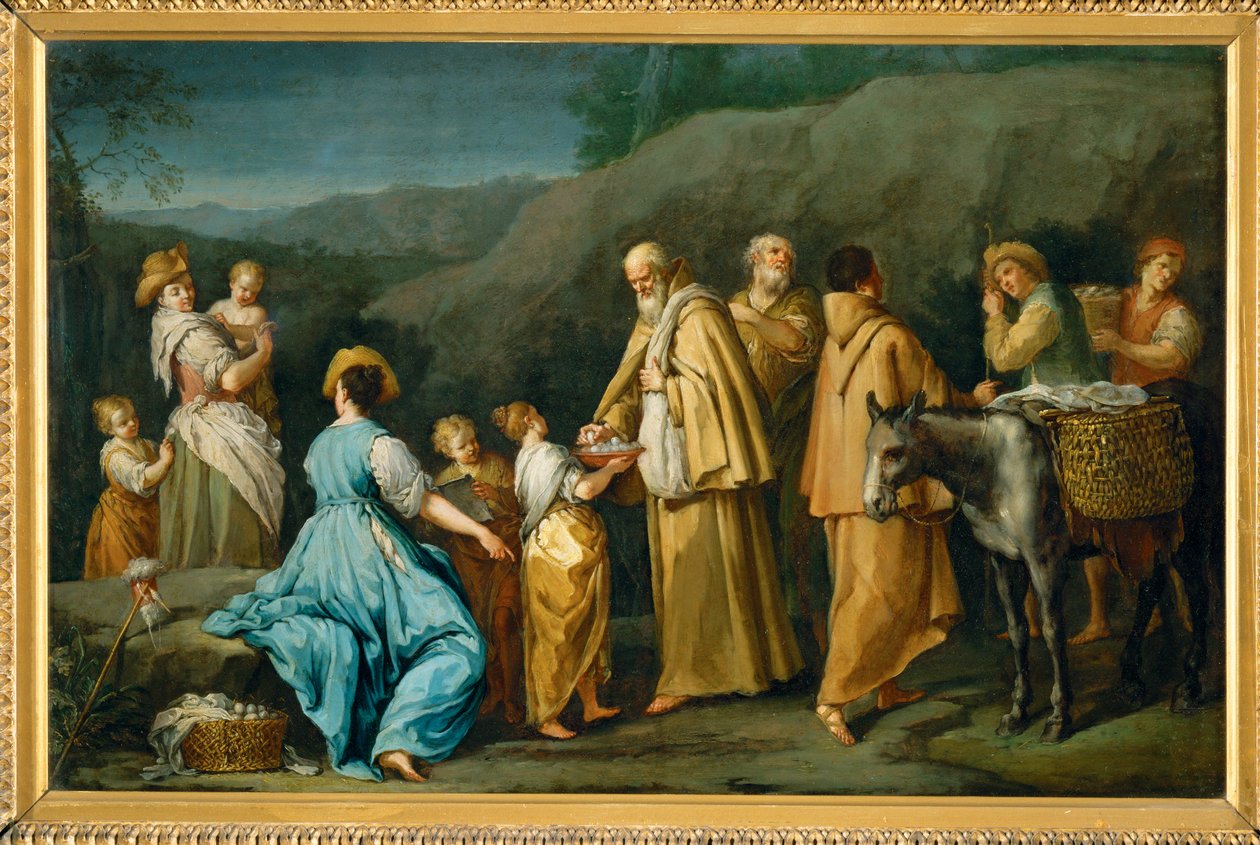 Religieux queteurs a qui une jeune fille donne des oefs - Mendicant friars to whom a little girl offers eggs ... af Giuseppe Gambarini