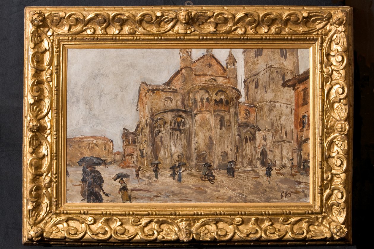 Piazza Grande in the Rain (olie på krydsfiner) af Giuseppe Graziosi